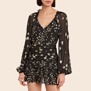 LoveShackFancy Star Print Black and Gold Rina Fil Coupé Mini Dress Size 2